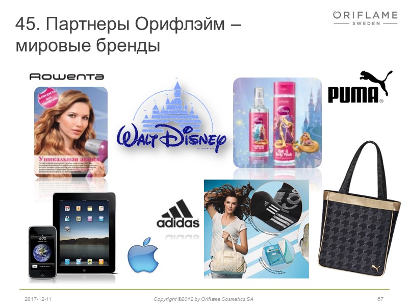 45. Партнеры Орифлэйм – мировые бренды 67 2017-12-11 Copyright ©2012 by Oriflame Cosmetics SA